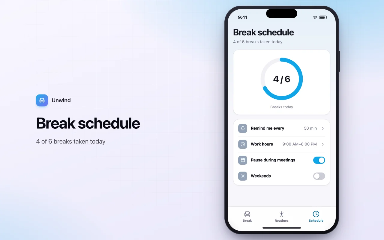 Desk stretch break reminders: the Break schedule screen
