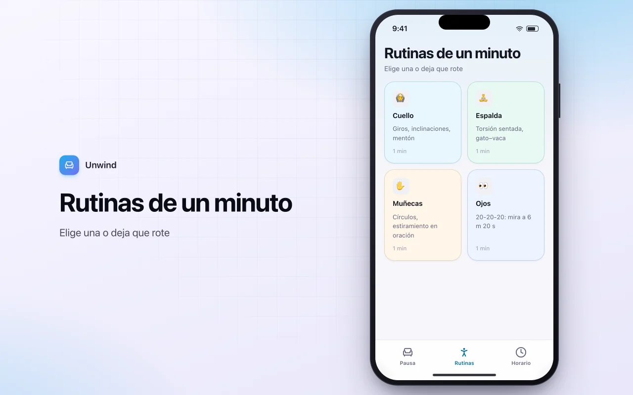 Recordatorios de pausas de estiramiento: la pantalla Rutinas de un minuto