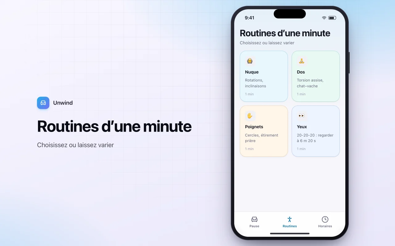Rappels de pauses étirements au bureau : l’écran Routines d’une minute