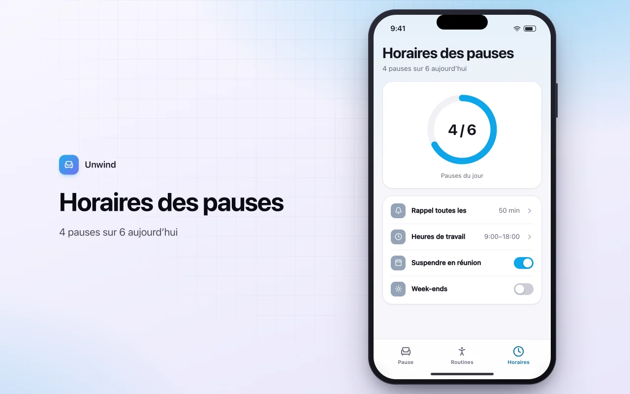 Rappels de pauses étirements au bureau : l’écran Horaires des pauses