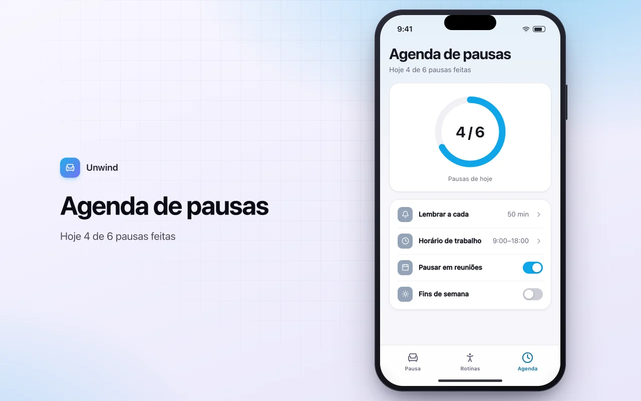 Lembretes de pausa para alongar: a tela Agenda de pausas