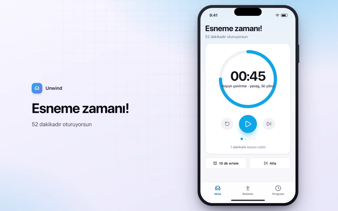Masa başı esneme molası hatırlatıcıları: Esneme zamanı! ekranı