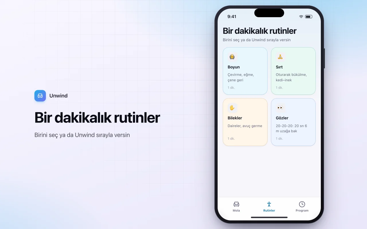 Masa başı esneme molası hatırlatıcıları: Bir dakikalık rutinler ekranı