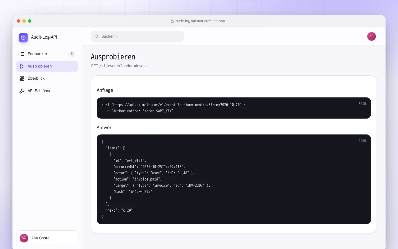 Audit-Log-API (Rust): der Bildschirm „Ausprobieren“
