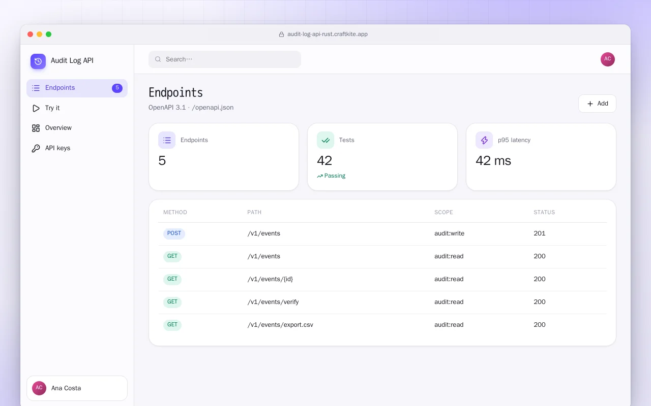 Audit Log API (Rust): the Endpoints screen