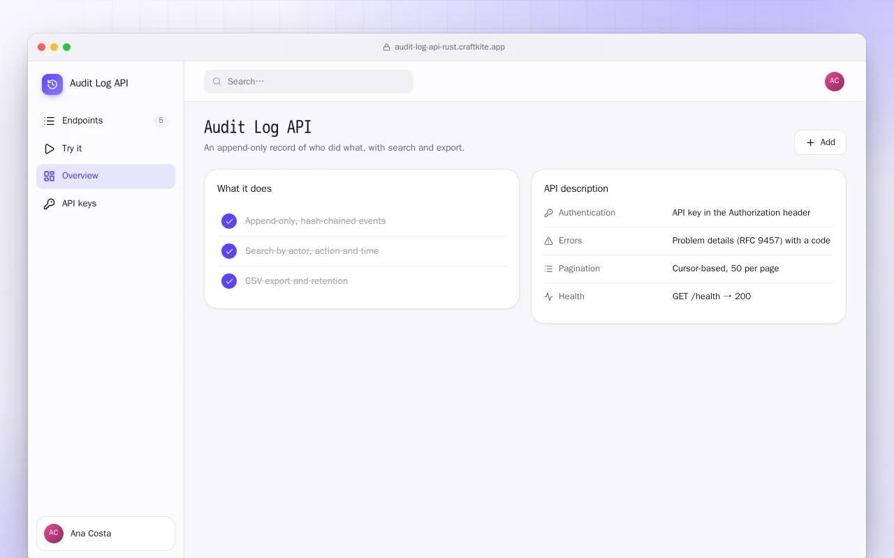 Audit Log API (Rust): the Audit Log API screen