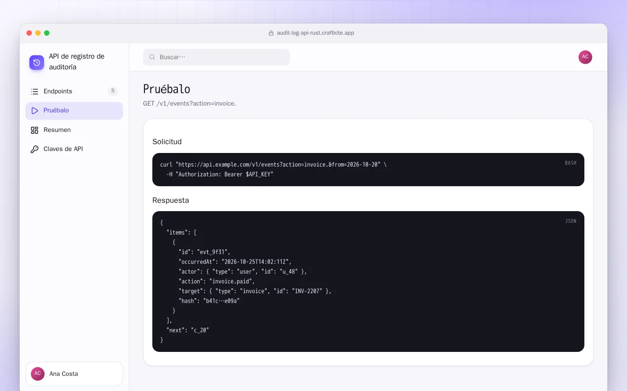 API de registro de auditoría (Rust): la pantalla Pruébalo