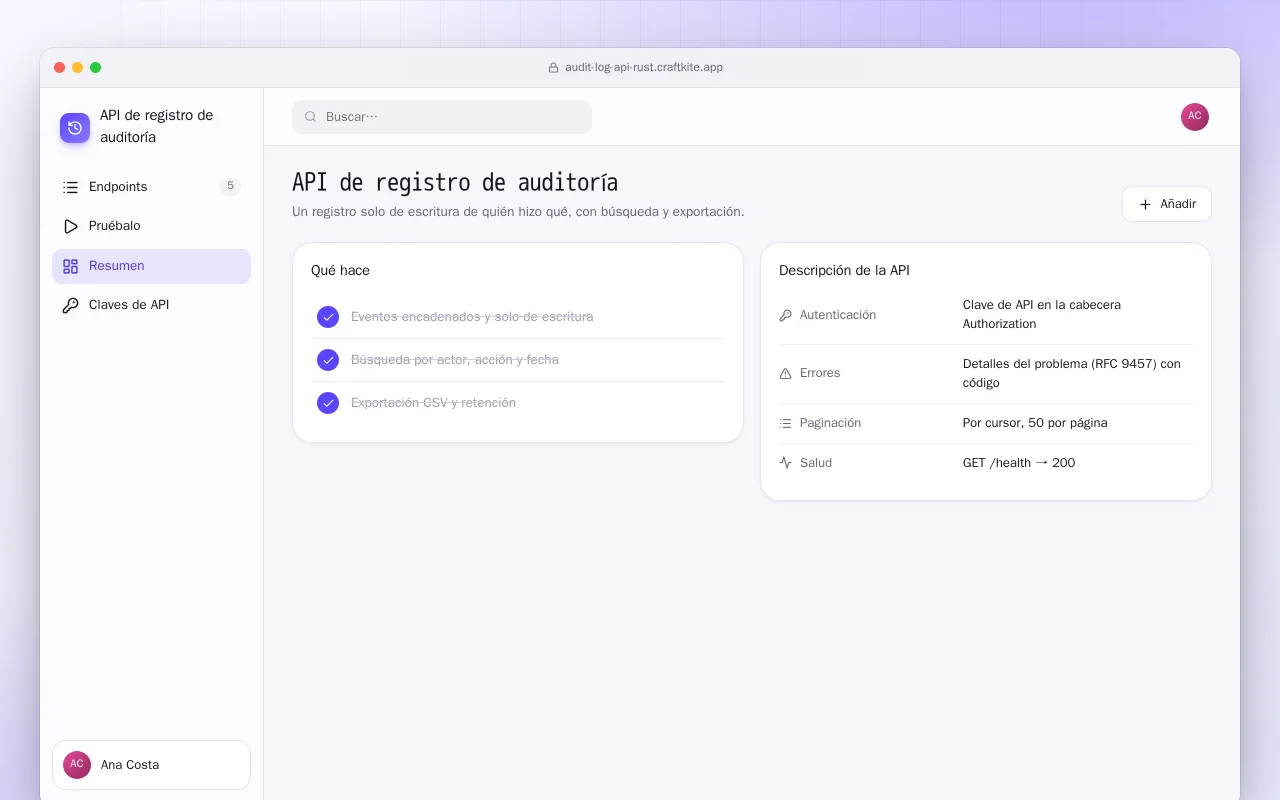 API de registro de auditoría (Rust): la pantalla API de registro de auditoría