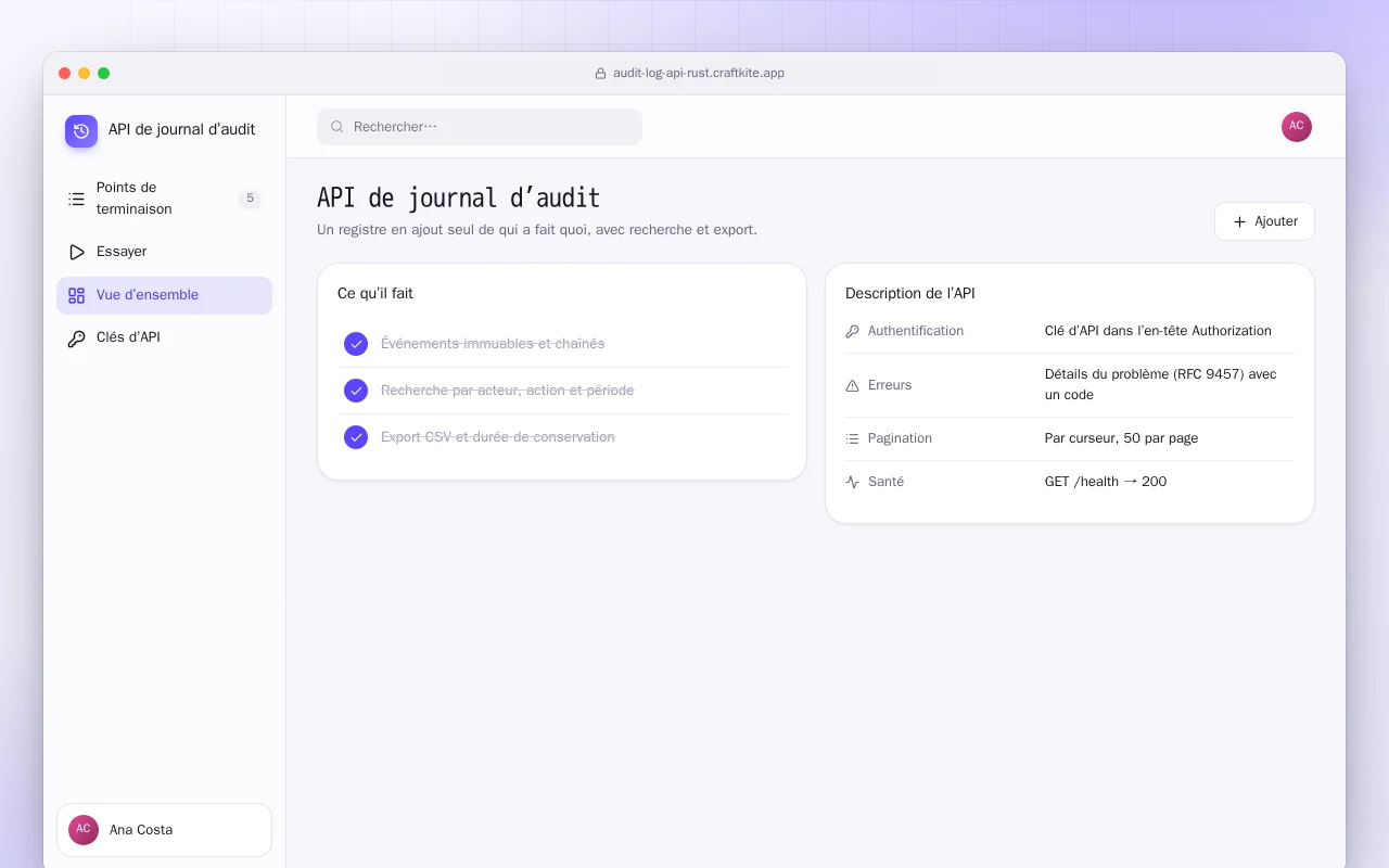 API de journal d’audit (Rust) : l’écran API de journal d’audit