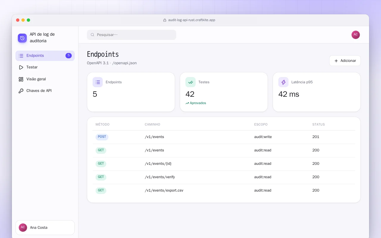 API de log de auditoria (Rust): a tela Endpoints