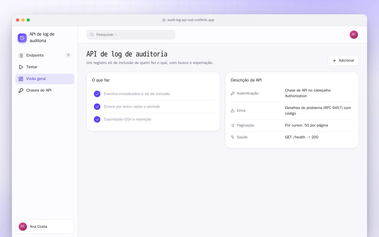 API de log de auditoria (Rust): a tela API de log de auditoria