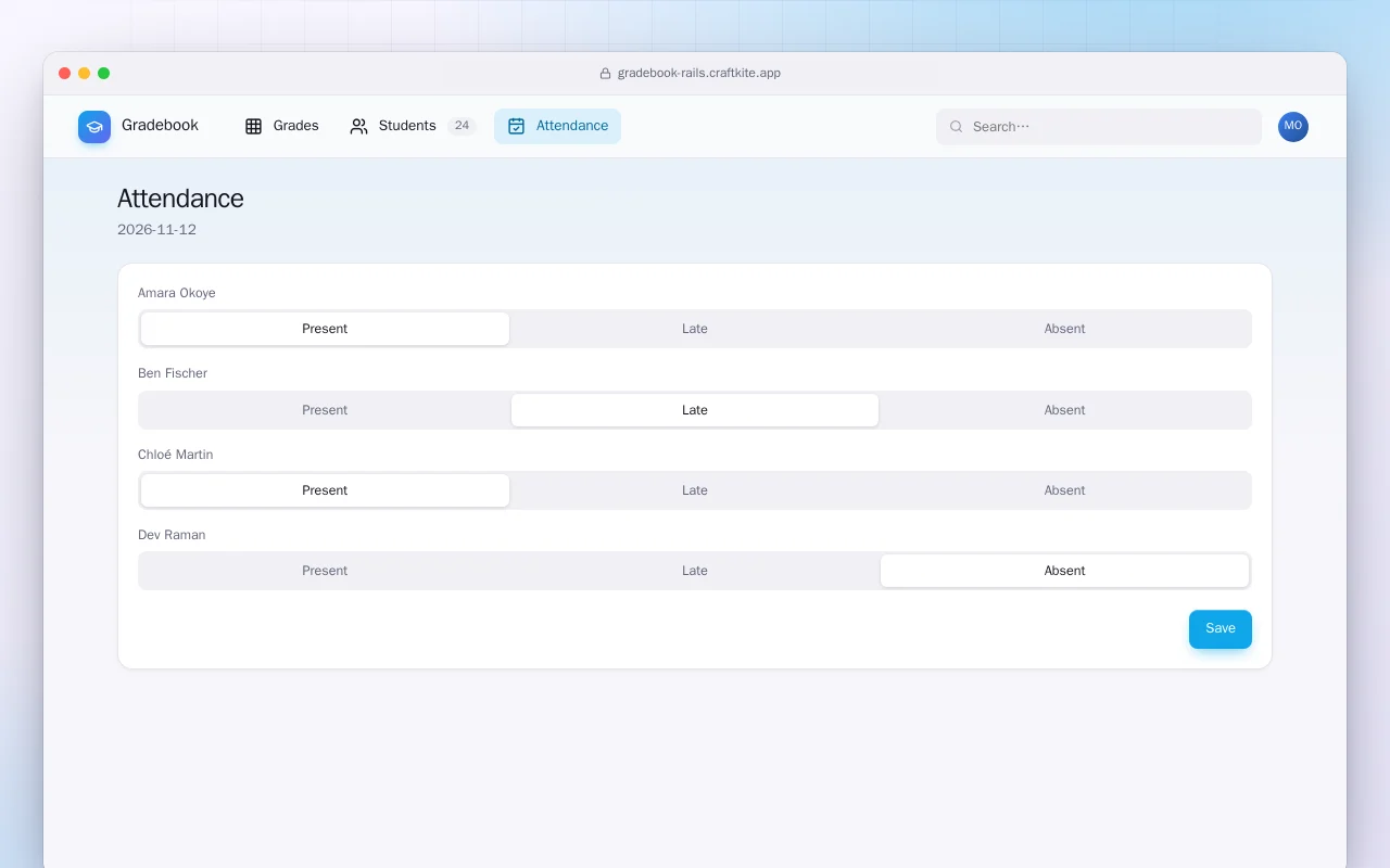 Gradebook (Rails): the Attendance screen