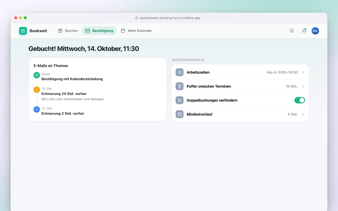 Terminbuchungsformular: der Bildschirm „Gebucht! Mittwoch, 14. Oktober, 11:30“