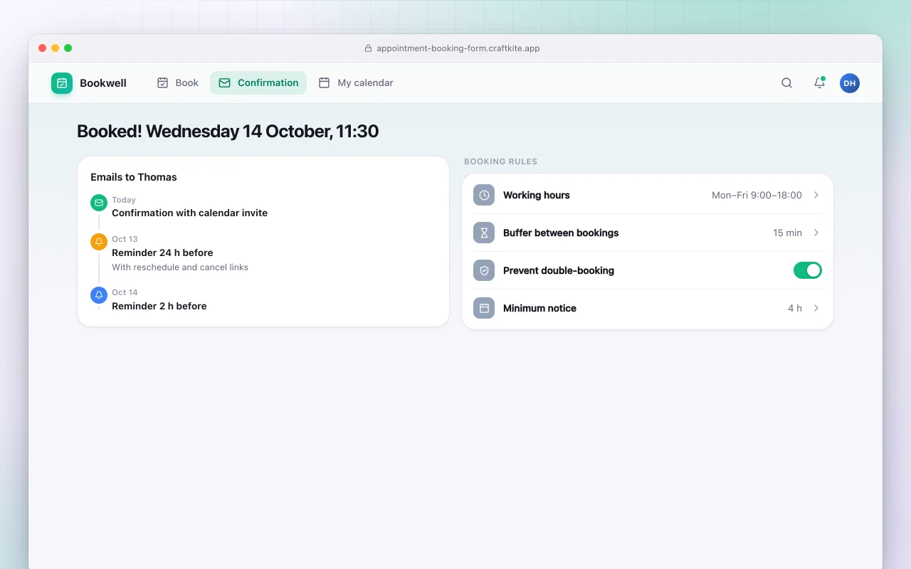 Appointment booking form: the Booked! Wednesday 14 October, 11:30 screen