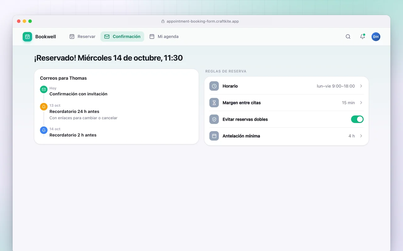 Formulario de reserva de citas: la pantalla ¡Reservado! Miércoles 14 de octubre, 11:30