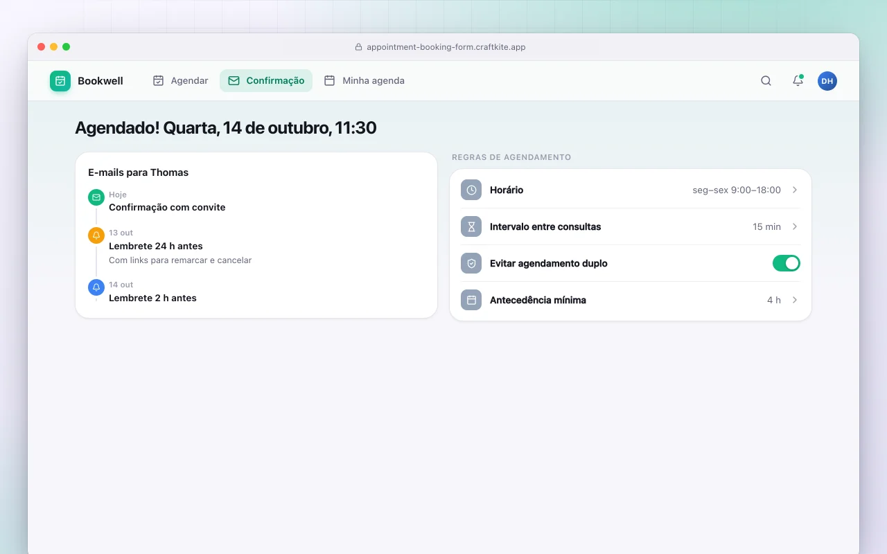 Formulário de agendamento: a tela Agendado! Quarta, 14 de outubro, 11:30