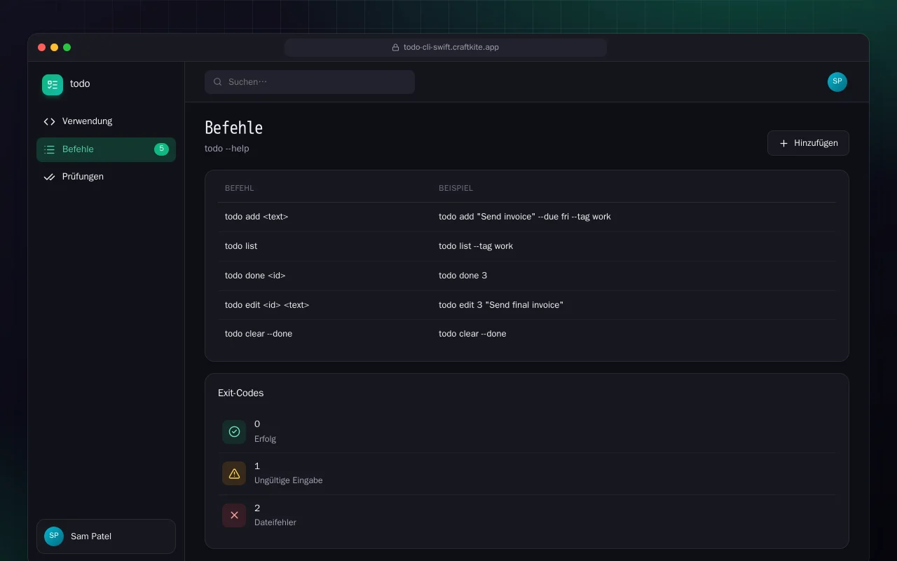 Todo-CLI (Swift): der Bildschirm „Befehle“