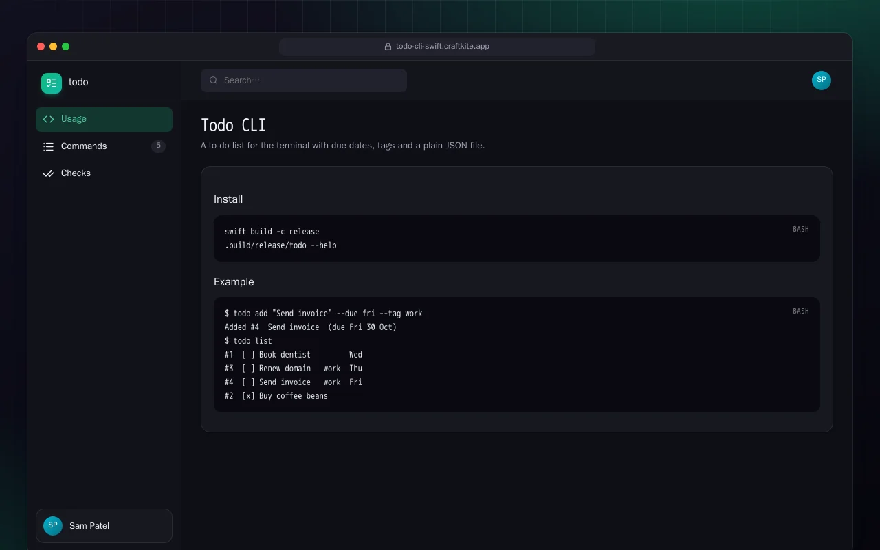 Todo CLI (Swift): the Todo CLI screen