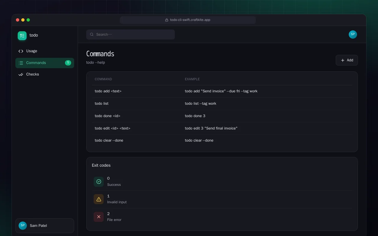 Todo CLI (Swift): the Commands screen