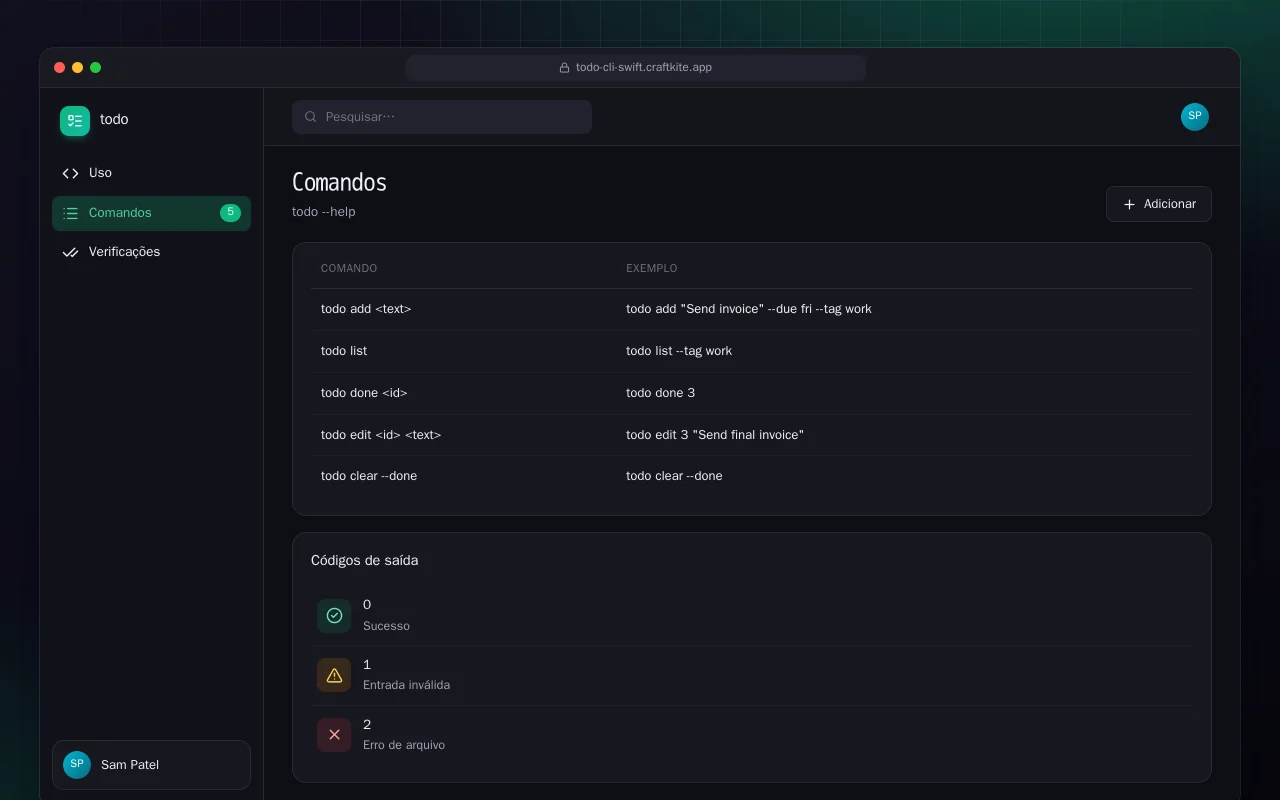 Todo CLI (Swift): a tela Comandos