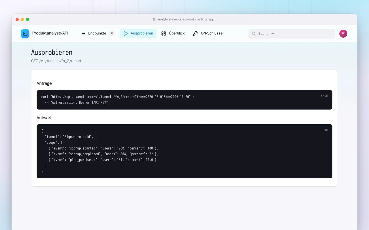 Produktanalyse-API (Rust): der Bildschirm „Ausprobieren“
