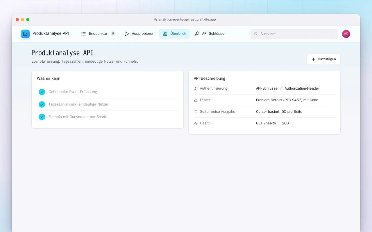 Produktanalyse-API (Rust): der Bildschirm „Produktanalyse-API“