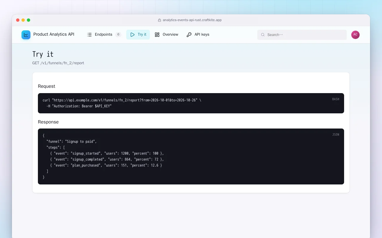 Product Analytics API (Rust): the Try it screen