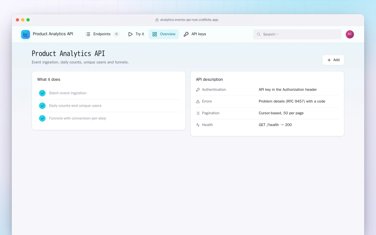 Product Analytics API (Rust): the Product Analytics API screen