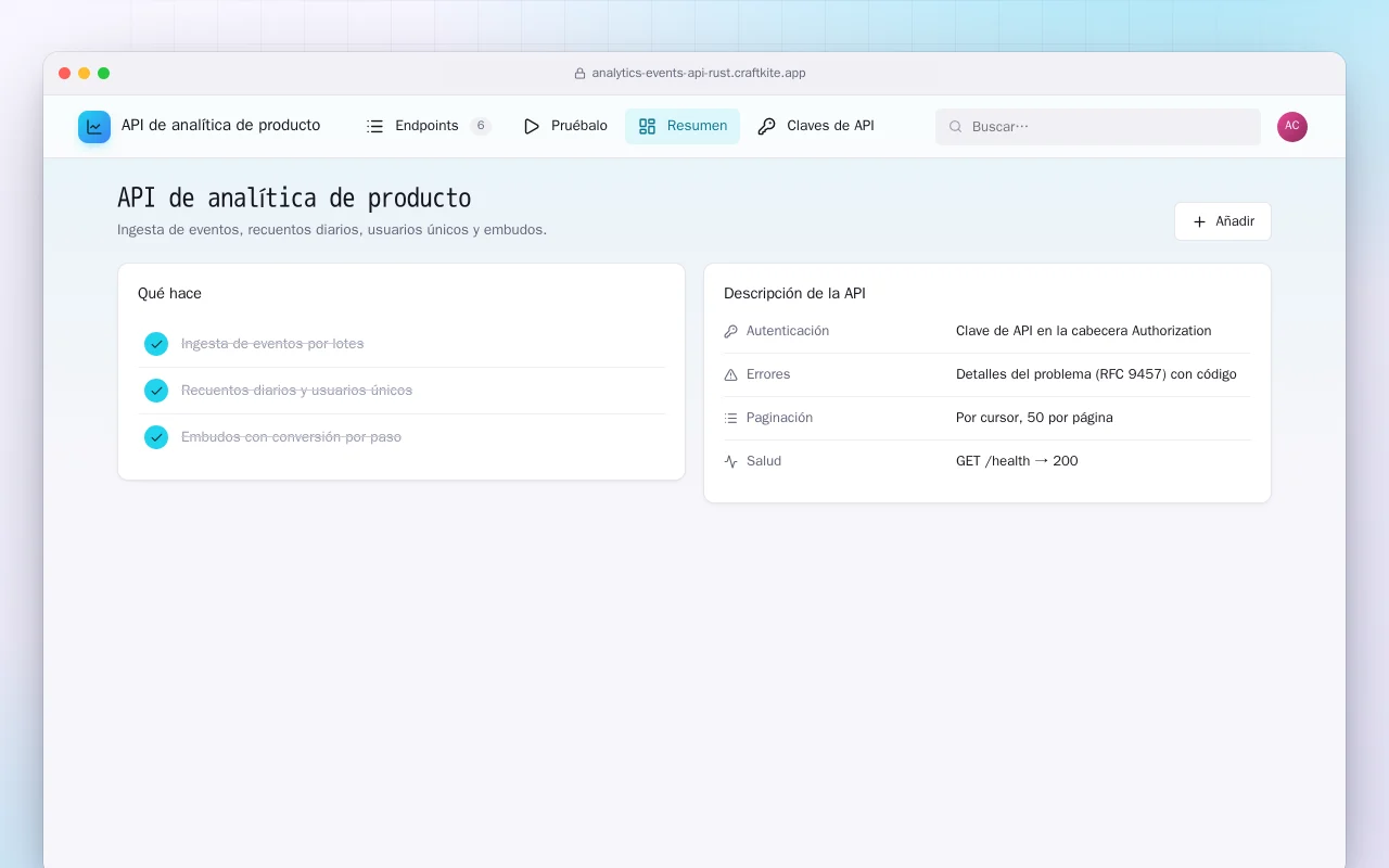 API de analítica de producto (Rust): la pantalla API de analítica de producto