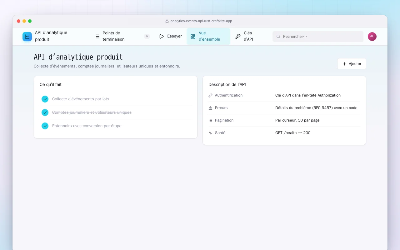 API d’analytique produit (Rust) : l’écran API d’analytique produit