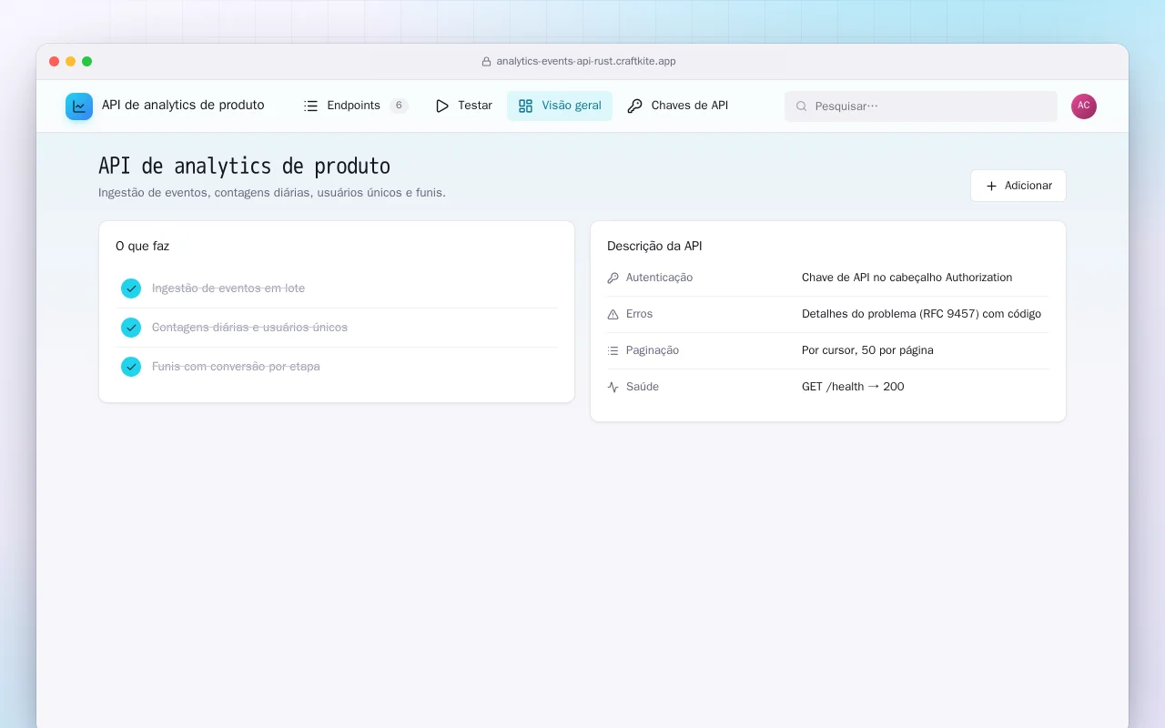 API de analytics de produto (Rust): a tela API de analytics de produto