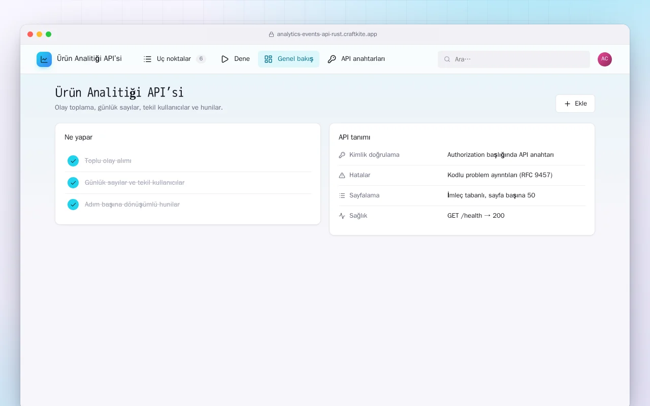 Ürün Analitiği API’si (Rust): Ürün Analitiği API’si ekranı