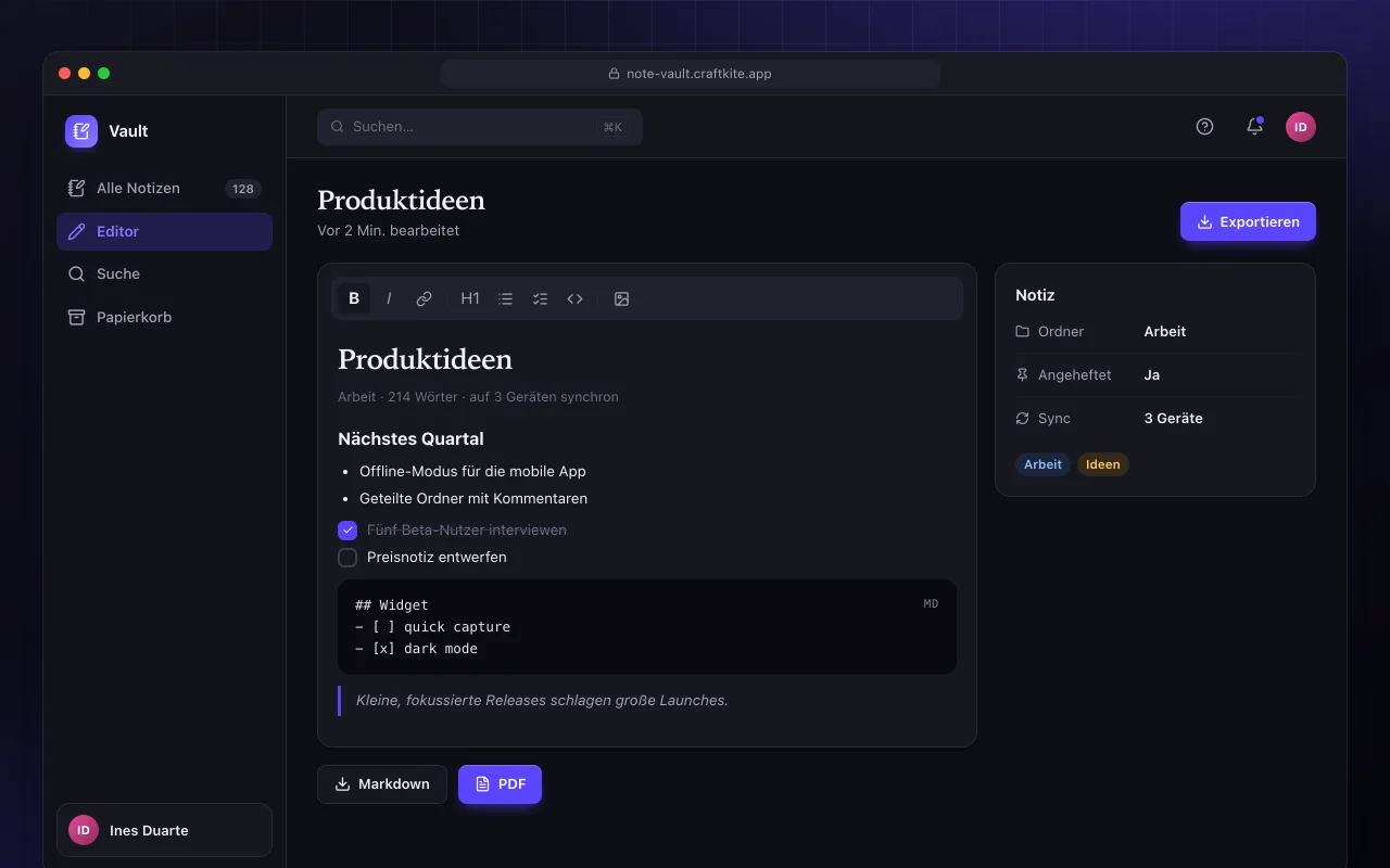 Notiz-Tresor: der Bildschirm „Produktideen“