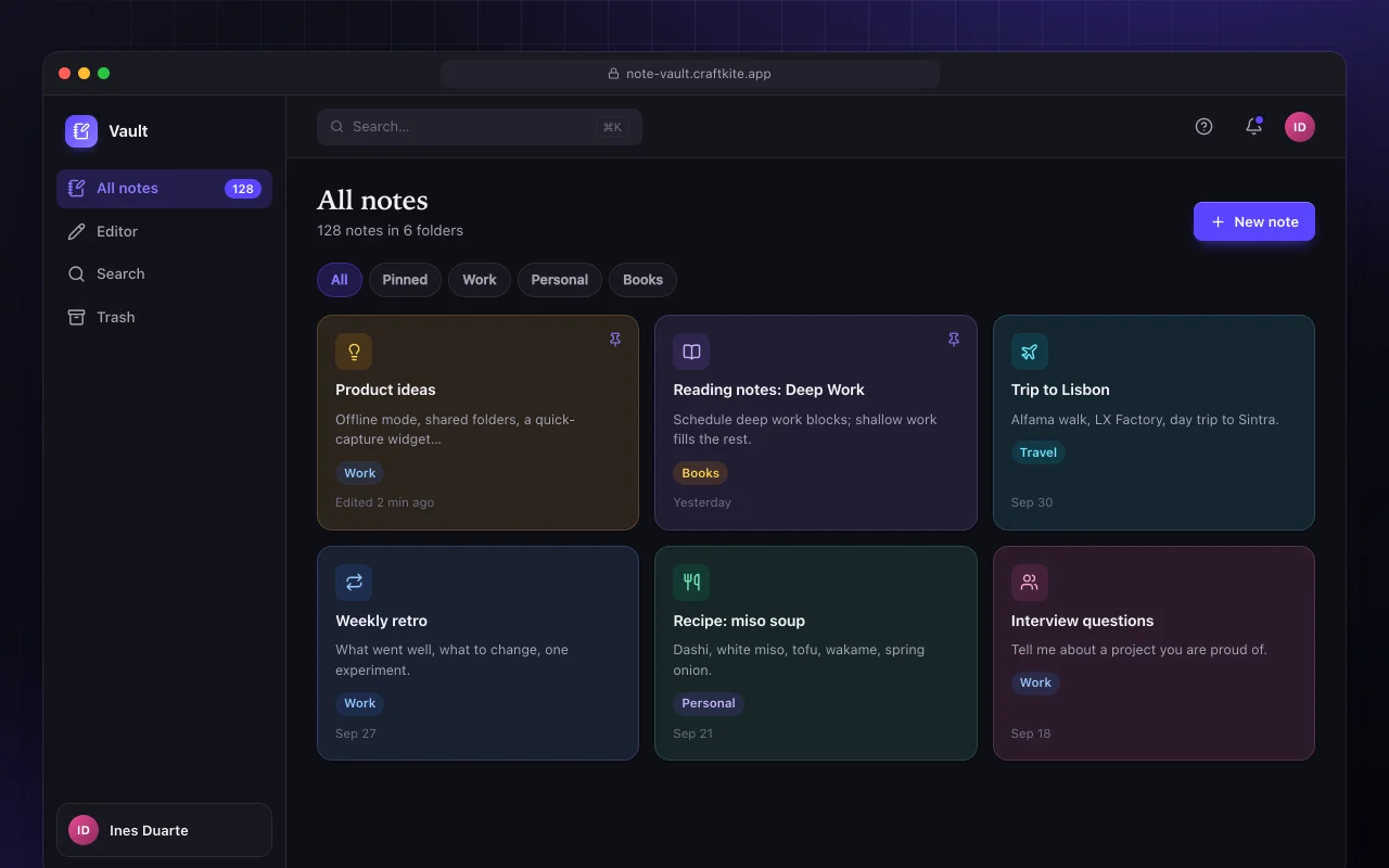 Note vault: the All notes screen