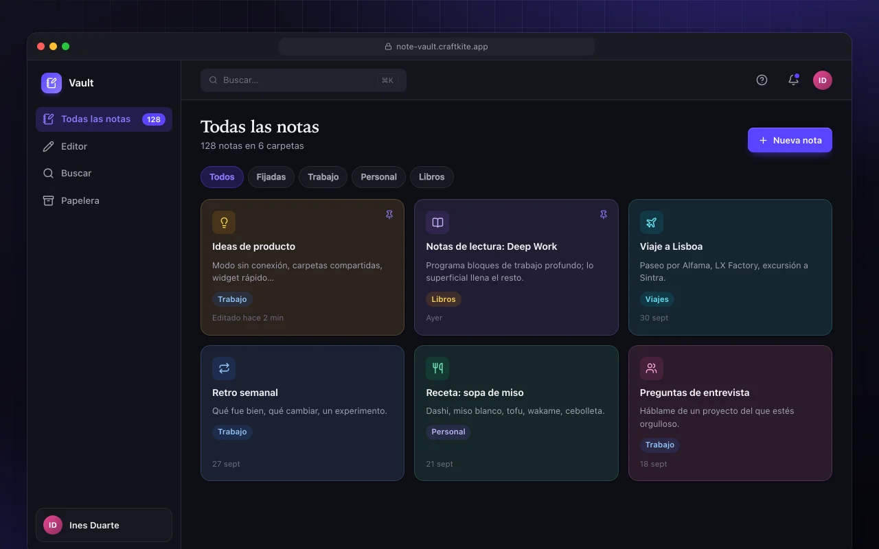 Bóveda de notas: la pantalla Todas las notas