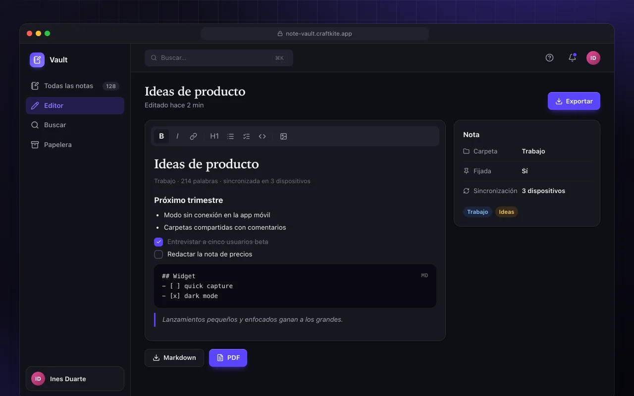 Bóveda de notas: la pantalla Ideas de producto