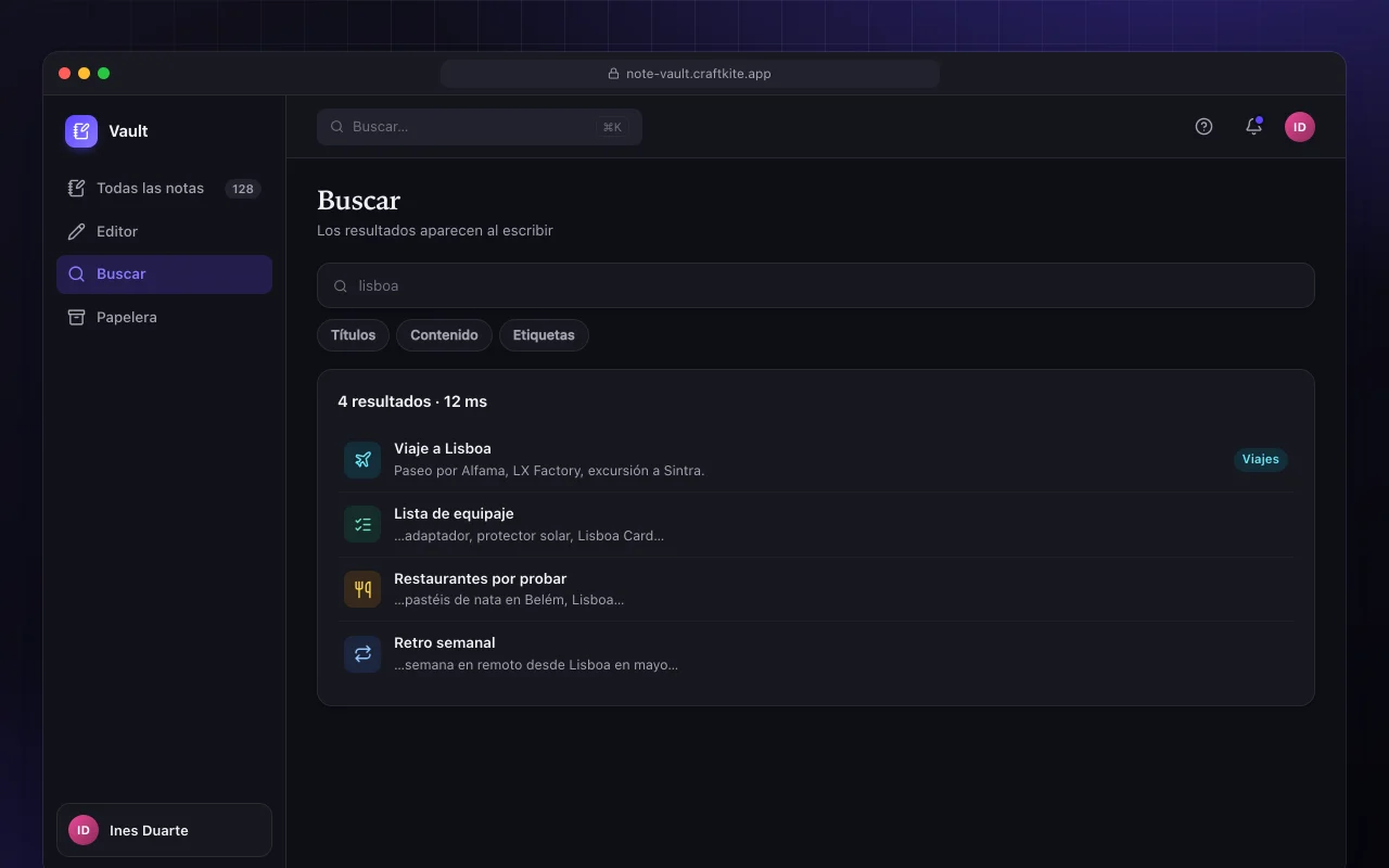 Bóveda de notas: la pantalla Buscar