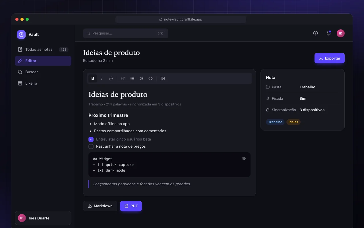 Cofre de notas: a tela Ideias de produto