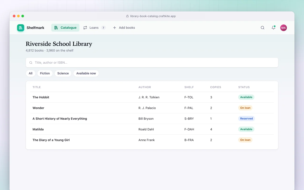 Library catalogue and lending: the Riverside School Library screen