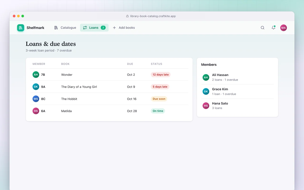 Library catalogue and lending: the Loans & due dates screen