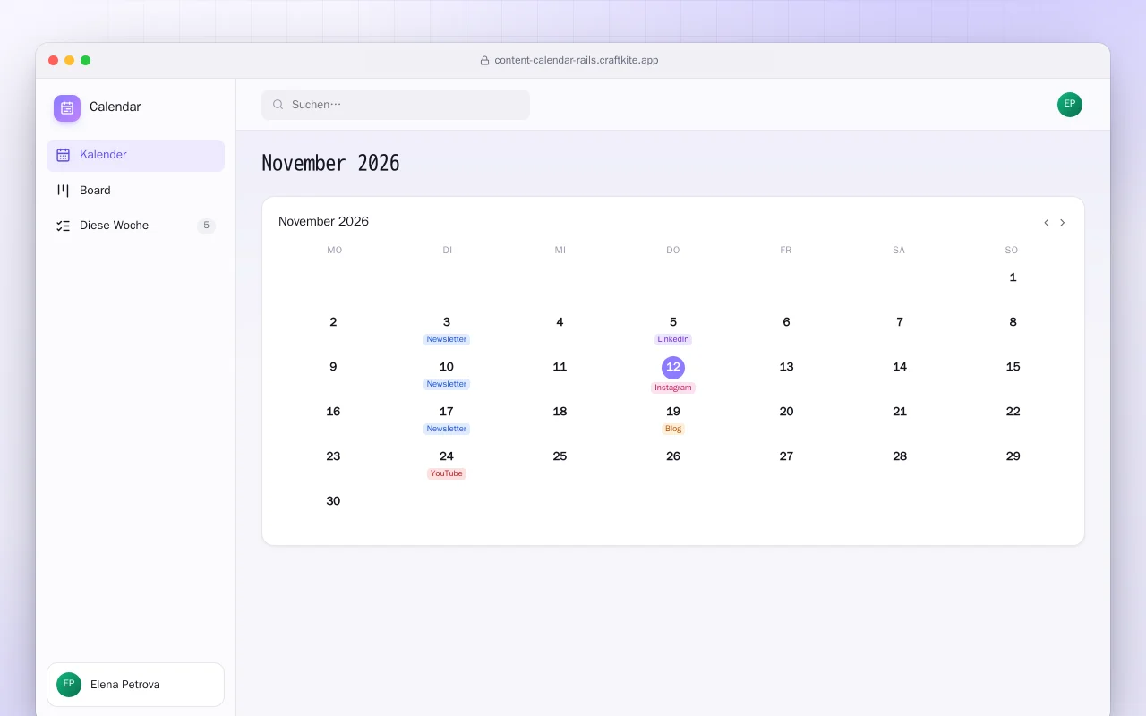 Content-Kalender (Rails): der Bildschirm „November 2026“