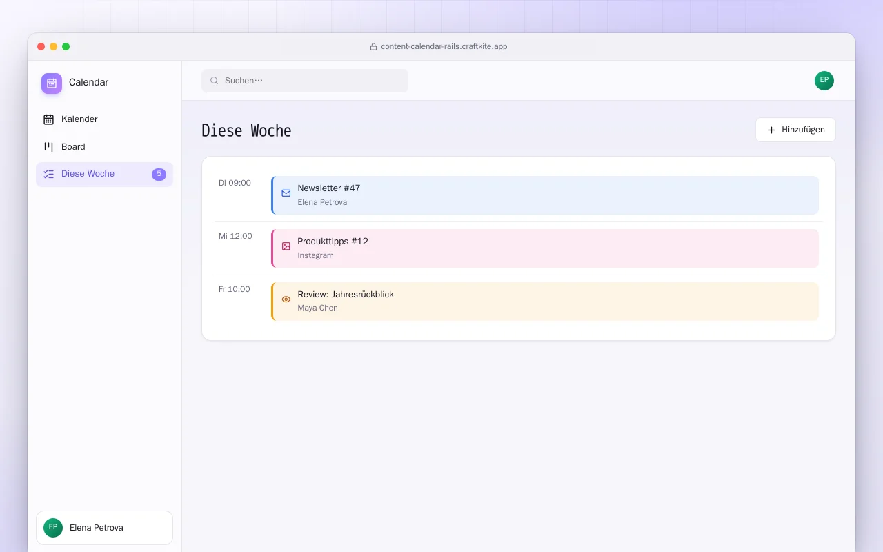 Content-Kalender (Rails): der Bildschirm „Diese Woche“