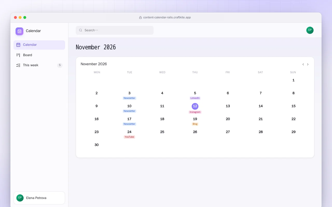 Content Calendar (Rails): the November 2026 screen