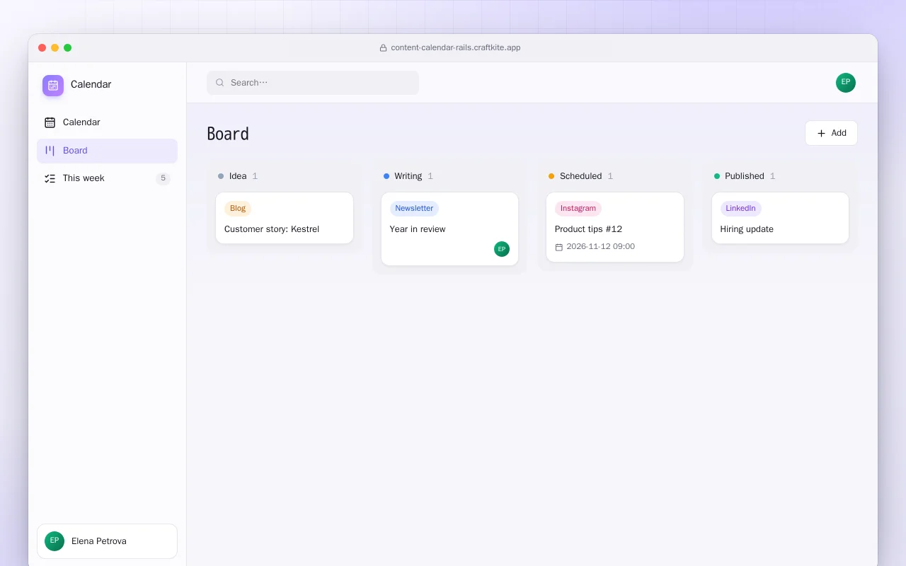 Content Calendar (Rails): the Board screen