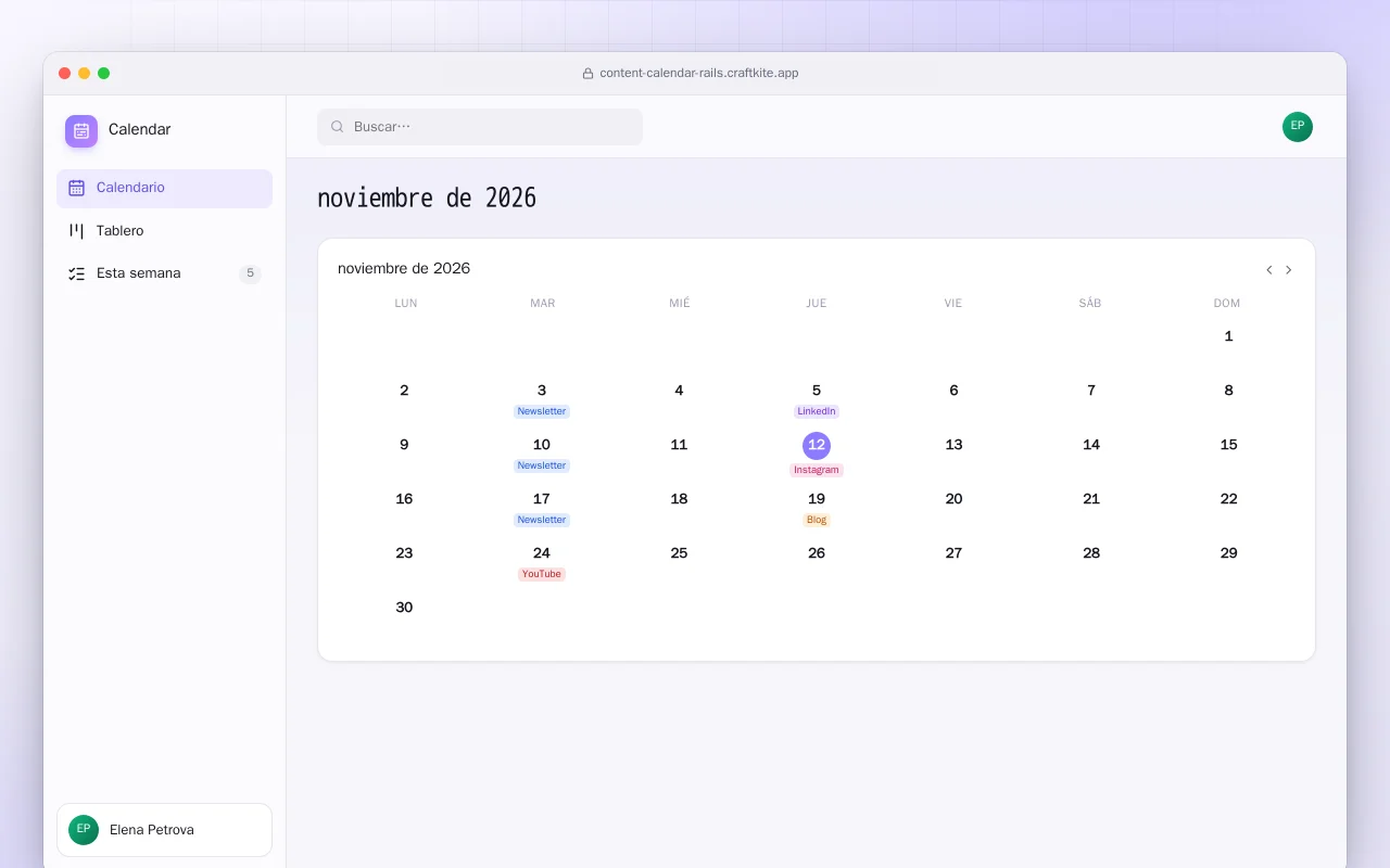 Calendario de contenidos (Rails): la pantalla noviembre de 2026