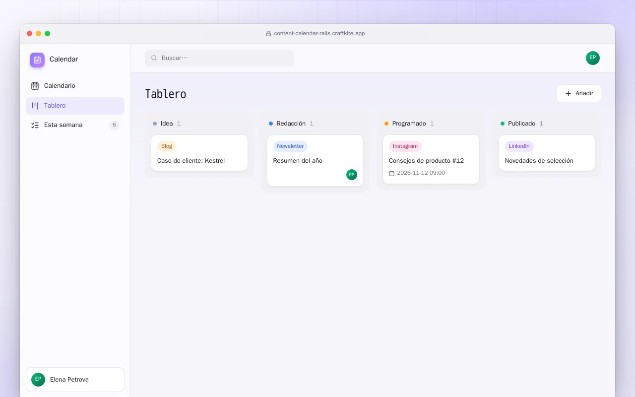 Calendario de contenidos (Rails): la pantalla Tablero