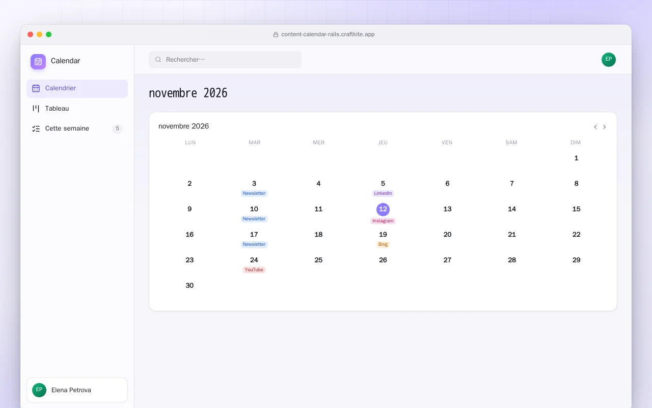 Calendrier éditorial (Rails) : l’écran novembre 2026
