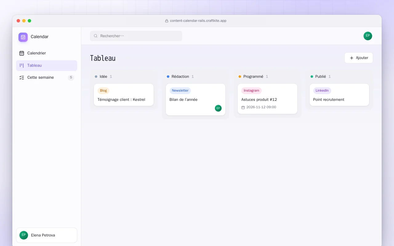 Calendrier éditorial (Rails) : l’écran Tableau