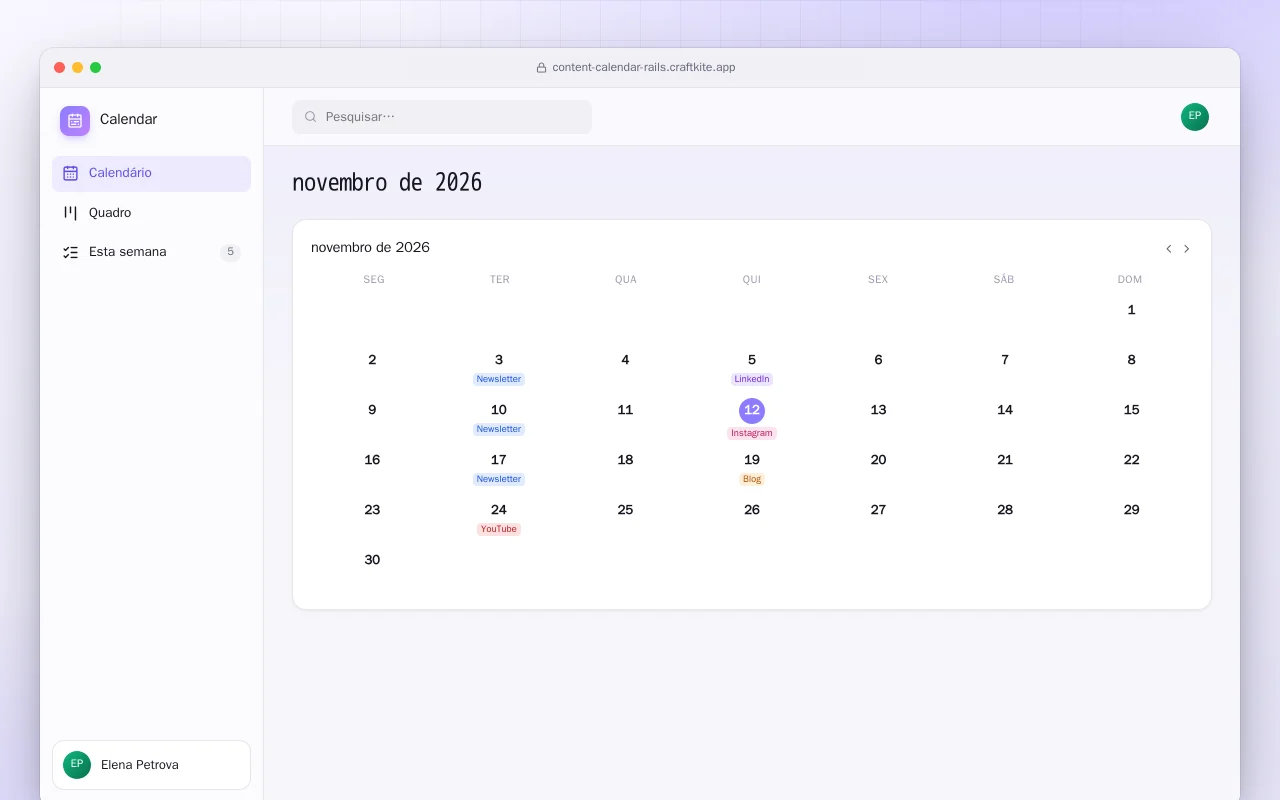 Calendário de conteúdo (Rails): a tela novembro de 2026