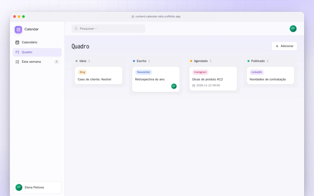 Calendário de conteúdo (Rails): a tela Quadro